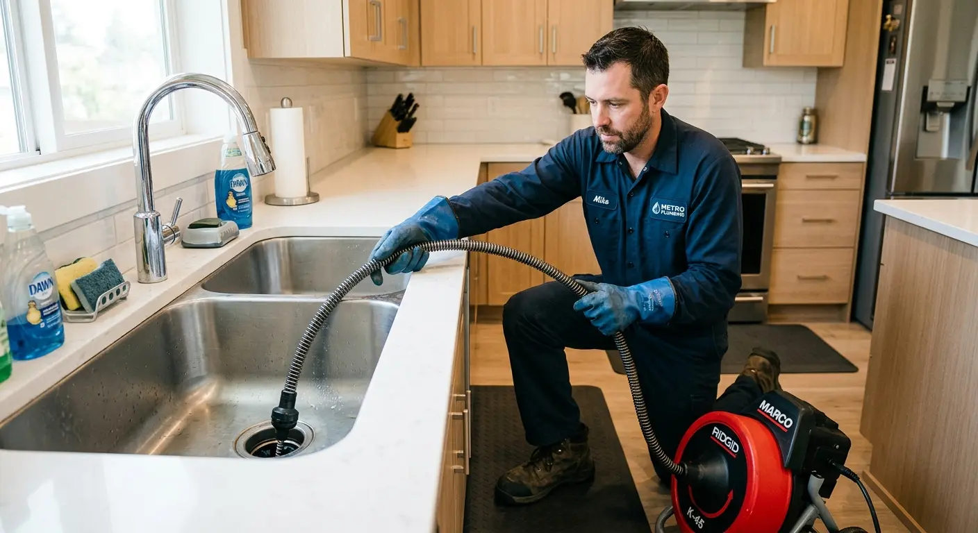 Drain cleaning technician using a motorized snake on a kitchen sink in Guymon