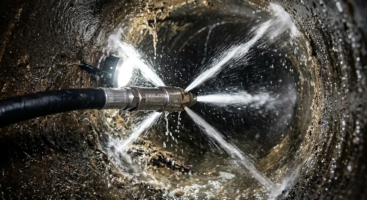 High-pressure hydro jetting nozzle cleaning sewer pipe for Sewer Cleanout in Guymon