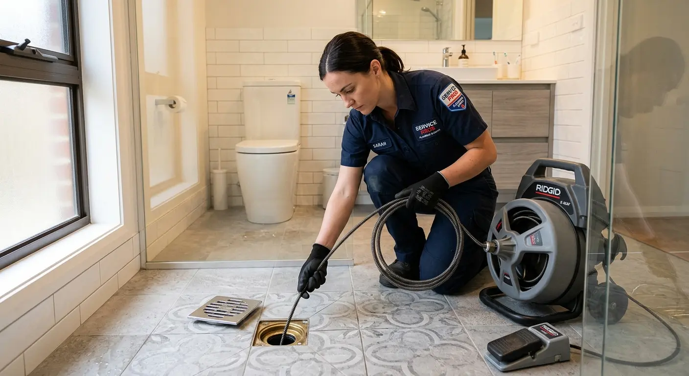 Technician clearing a bathroom floor drain for Sewer Line Replacement in Guymon
